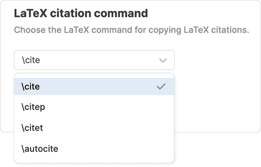 The “LaTeX citation command” setting with its dropdown open on \cite (ticked), above \citep, \citet and \autocite.